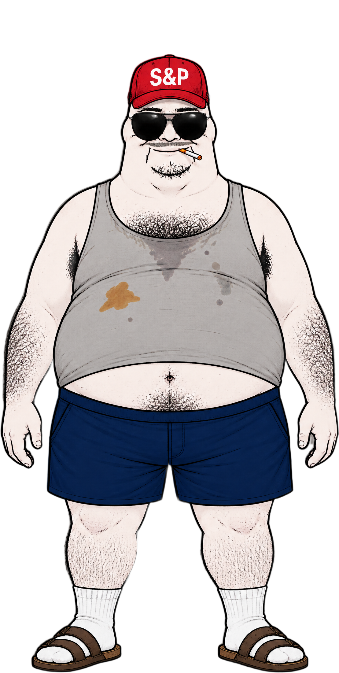 The boomer: red S&P cap, sunglasses, cigarette, stained tank top, socks with sandals