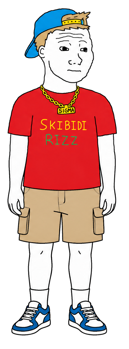 Gen Alpha standing: blue backwards cap, gold SIGMA chain, red SKIBIDI RIZZ shirt, cargo shorts